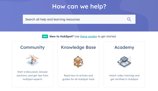 Support capabilities provided by HubSpot: Knowledge base, Community and Academy.